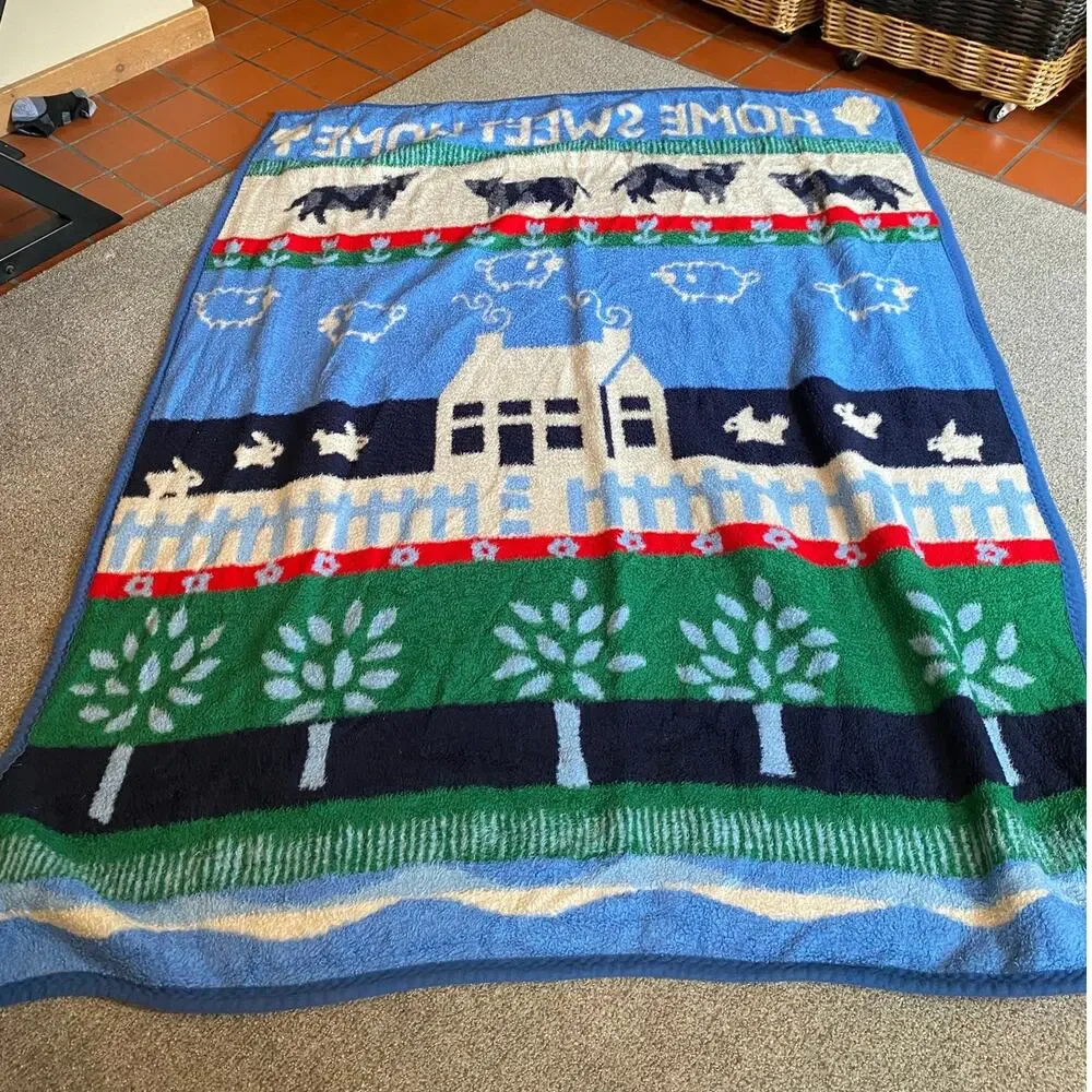 Vtg 80s Dinarsu Crown Crafts Acrylic Home Sweet Home Blanket  80” X 60” Cows